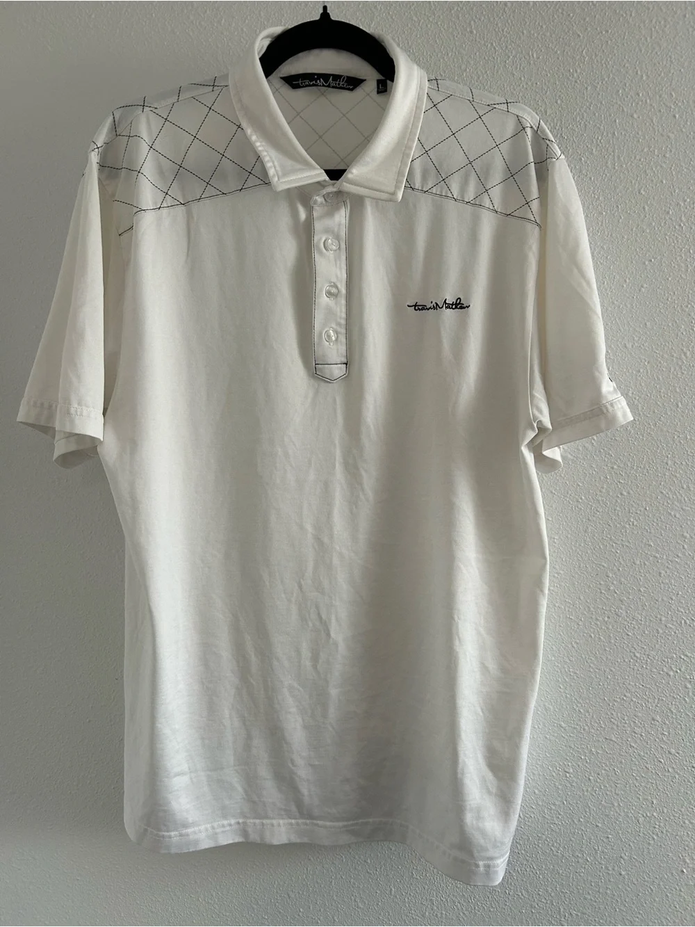 Travis Mathew White Golf Polo with Contrast Diamond Yoke - Picture 1 of 4